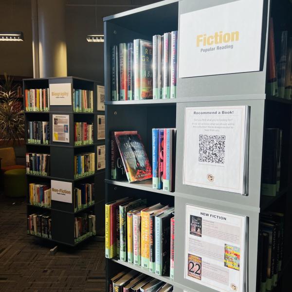 a spinning bookshelf showing one shelf of popular reading titles