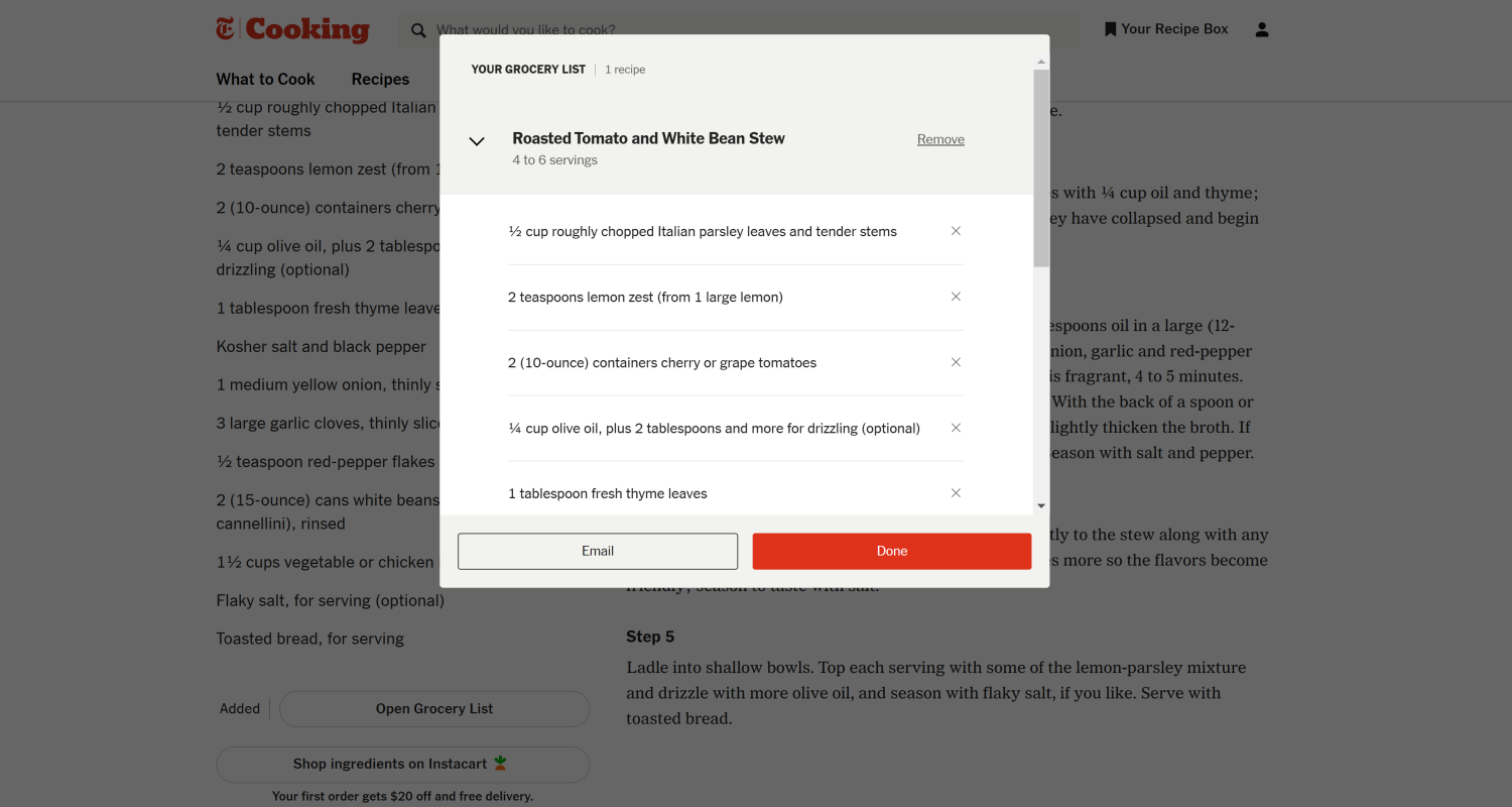 Screenshot of NYT Cooking  grocery list feature