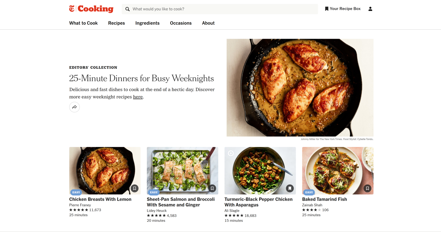 Screenshot of NYT Cooking 25-minute weeknight meals