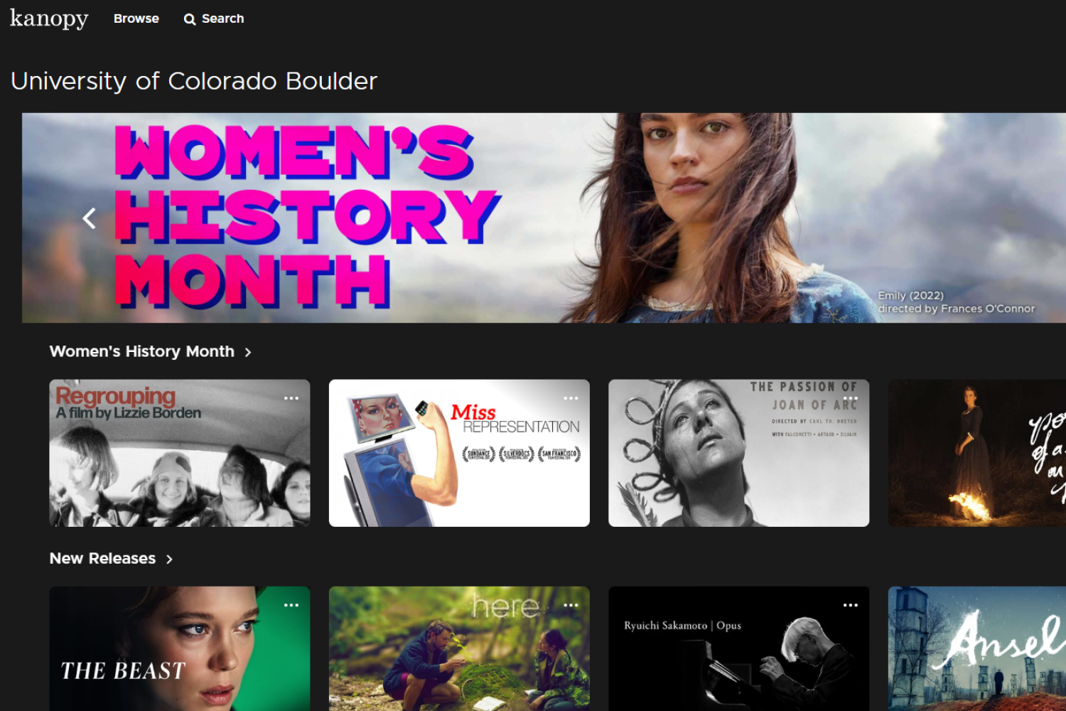 University of Colorado Kanopy front page