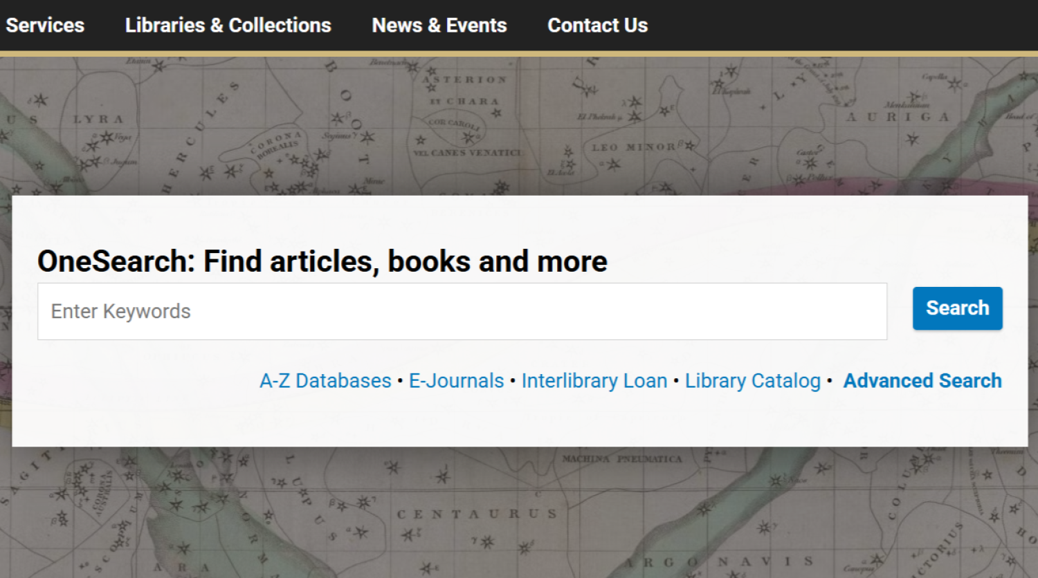 OneSearch search bar on the front page of the library website