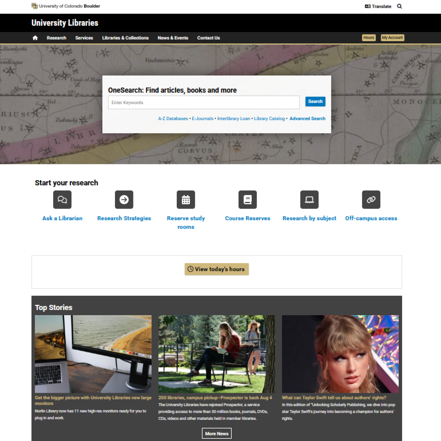 Front page of the library website