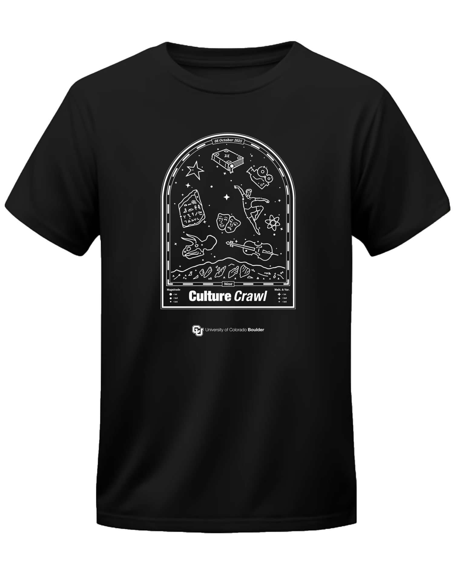 Culture Crawl 2025 t-shirt design with stars and icons in the sky