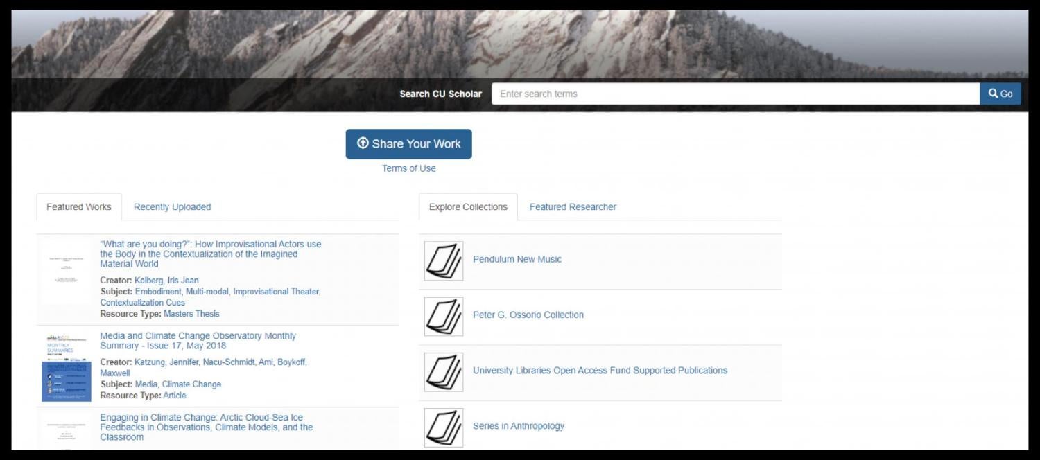 Screenshot of CU Scholar homepage