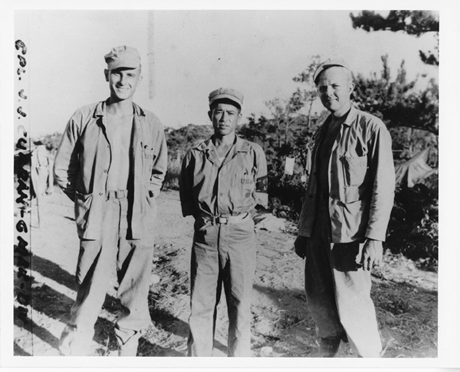 Glen Slaughter, Seiichi Komesu, and Glenn Nelson in Okinawa, 1945