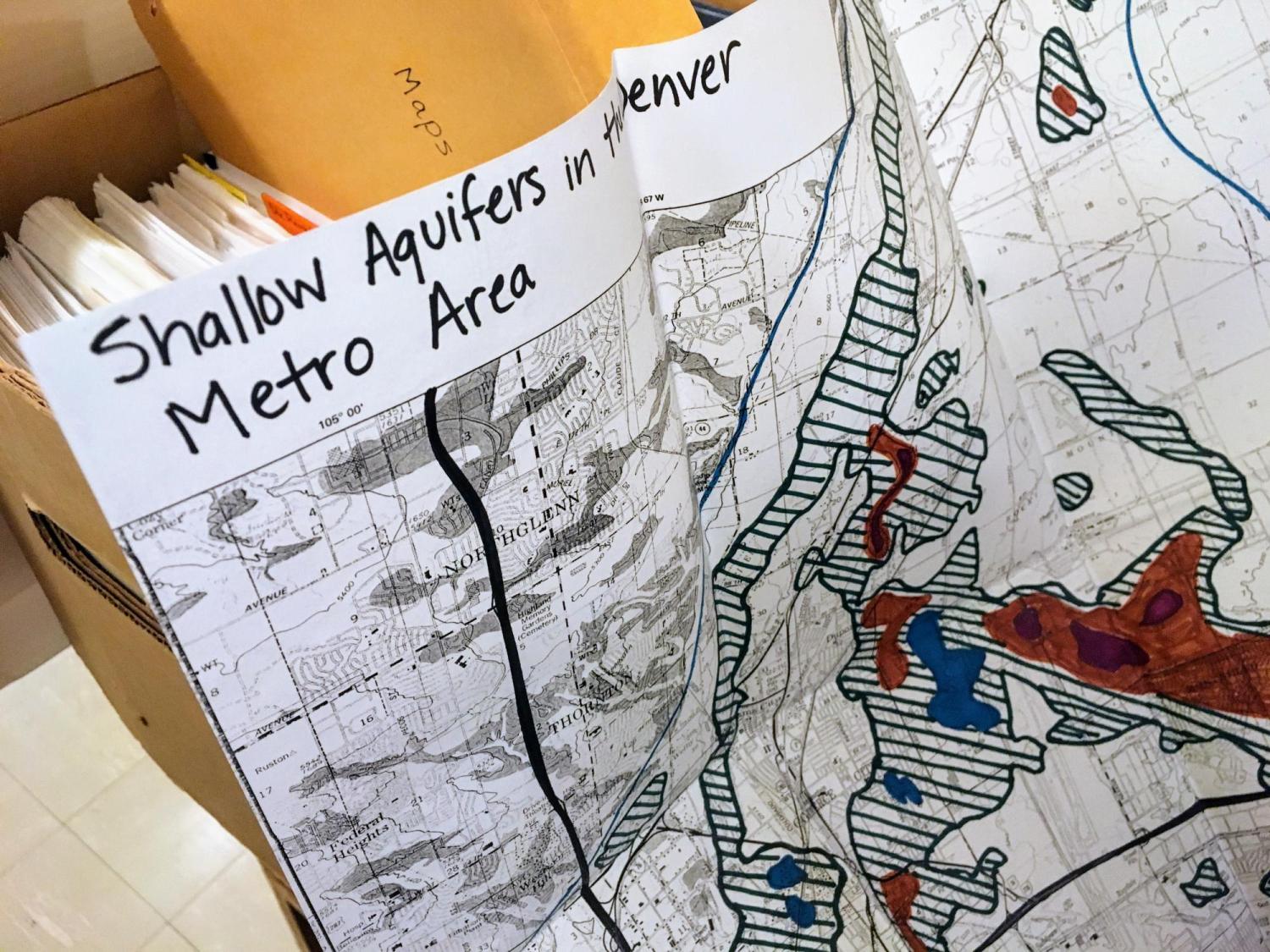 Paper from the Adrienne Anderson Collection with a hand-drawn map that says Shallow Aquifers in the Denver Metro Area.