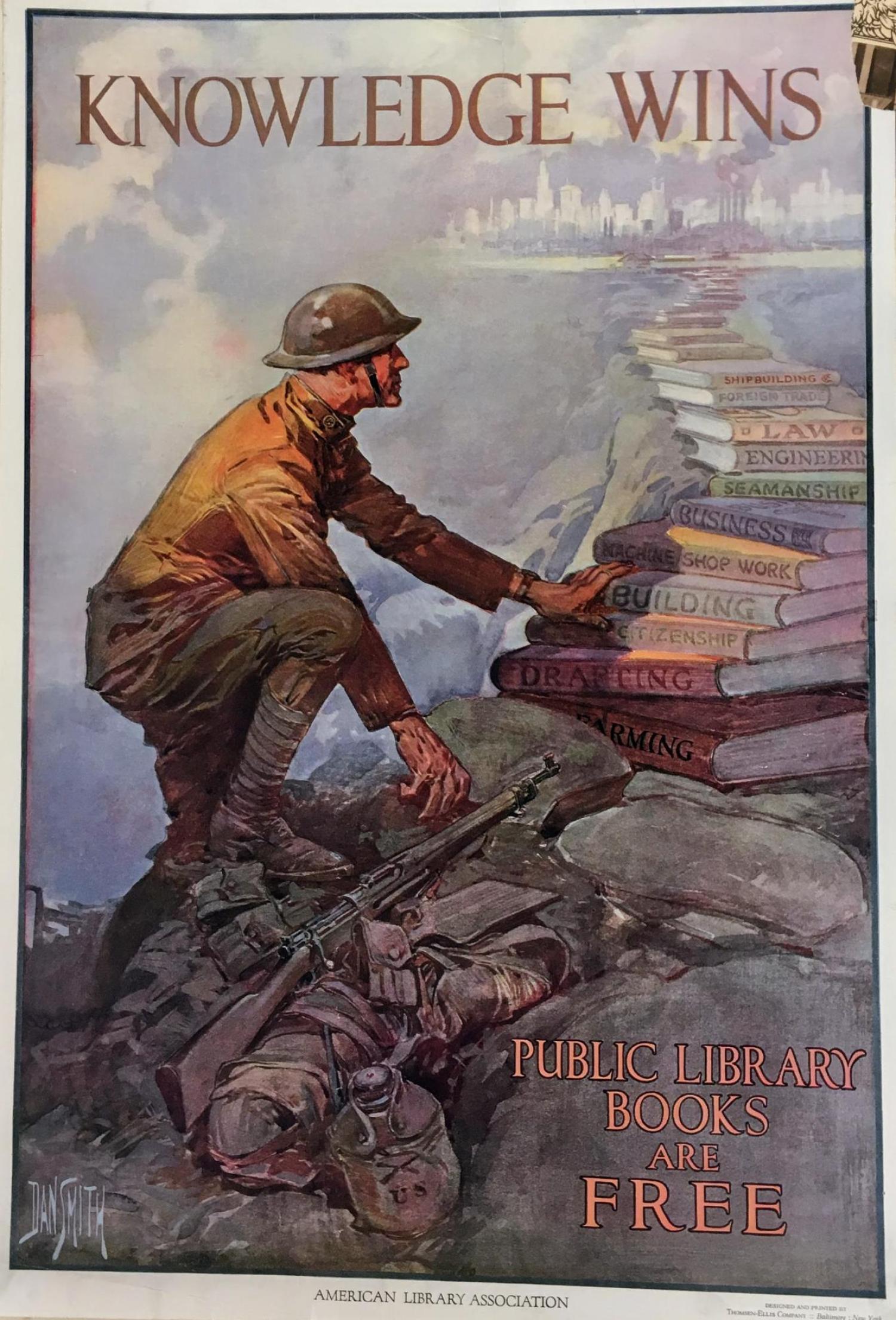 WWI Poster in support of Libraries with the words, "Knowledge wins."