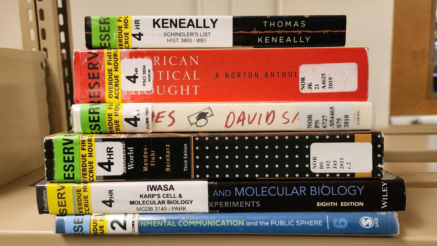 Stack of course reserves books on a shelf