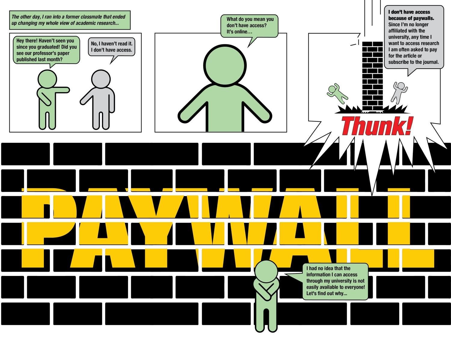 In a comic book style, two figures are presented conversing about access to a scholarly resource and how one is prevented from accessing it by a paywall. 