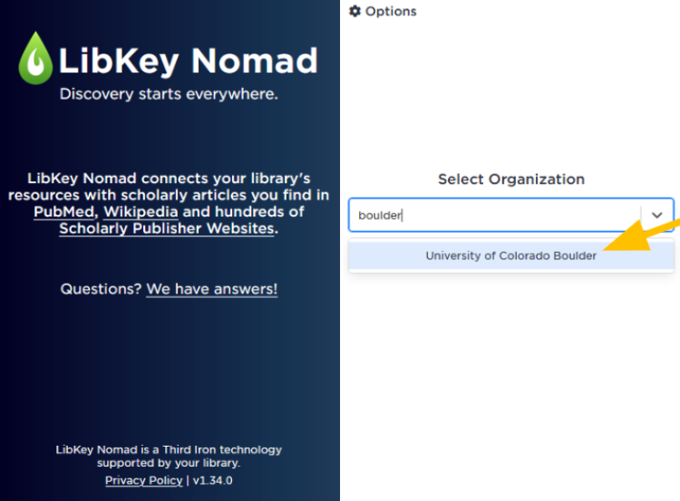 A screenshot of selecting your organization on the LibKey installation website.