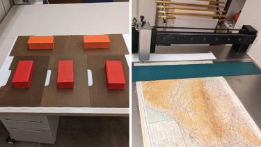 The maps on blotter paper and pressed under weights.