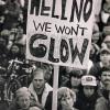 Protesters with a sign that reads "Hell No, We Won't Glow"